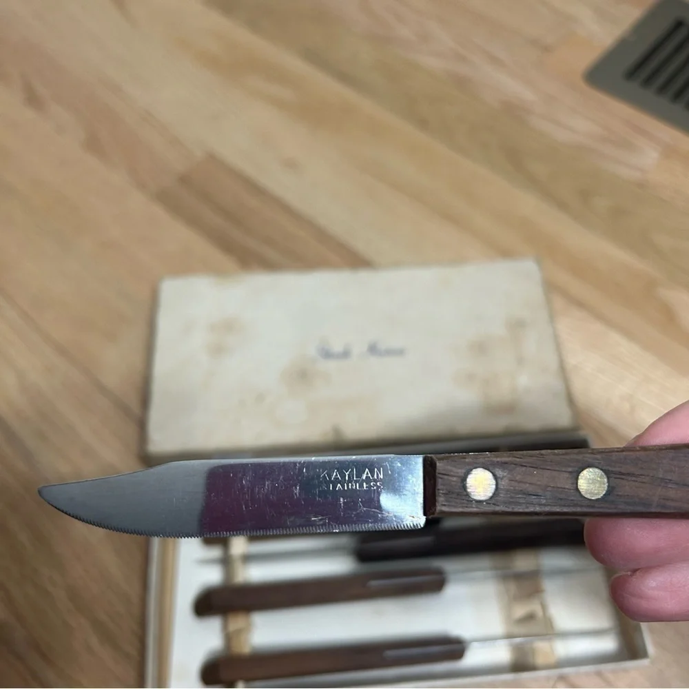 Kaylan Stainless Steel Steak Knives Set Vintage 6 Piece Wood Handles